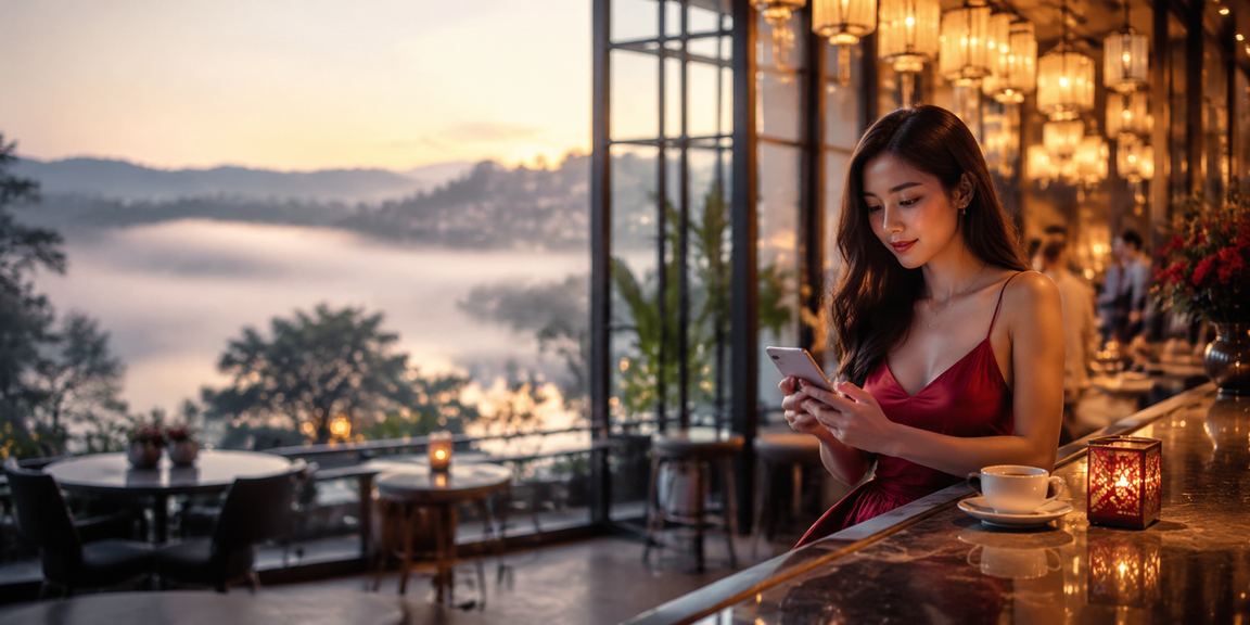 Khung cảnh đặc trưng Việt Nam với người dùng xem thông tin cá cược và casino trực tuyến trên màn hình
